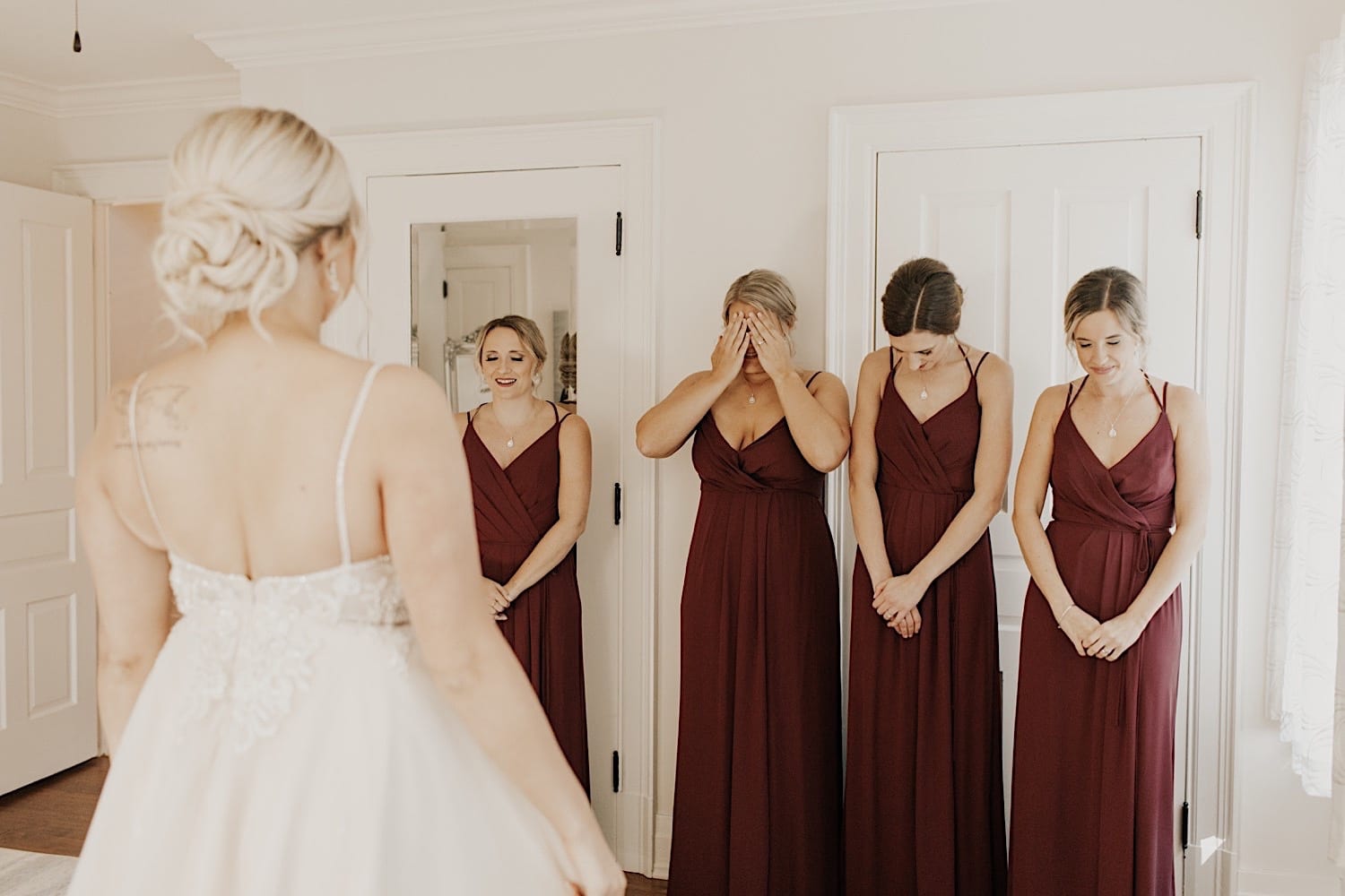 bridesmaid first look at historic ashland wedding photos